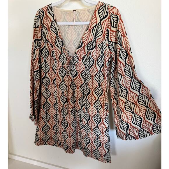 Free People Gia Shift Dress Size Medium Floral Geometric Pattern Lace-Up‎ Fall - Picture 6 of 13